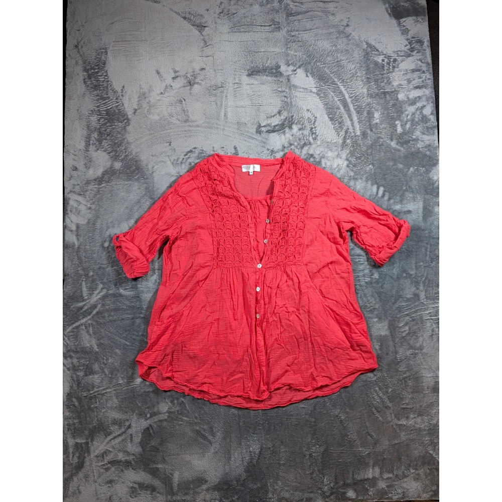 La Belle Helene Italy Coral Red Cotton Gauze Eyelet Lace Tunic Top Set Size 48 L